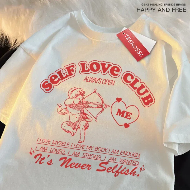 Color: WHITE, Size: XXXL - Self Love Club Fun Cupid Men Women T Shirts Breathable Street Tee Clothes Cotton Summer Fashion Loose Casual Oversized T Shirt