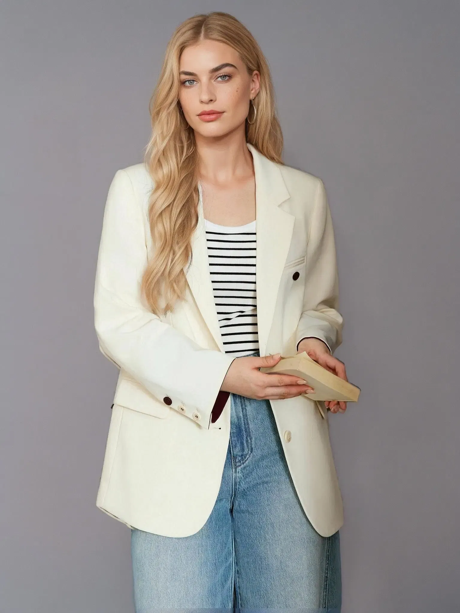 Color: Beige, Size: XL - DUSHU Plus Gray Blazer Jacket For Women 2025 Spring New Design Elegant Style Commuter Coat Chic Outwear Office Lady 25DS81036