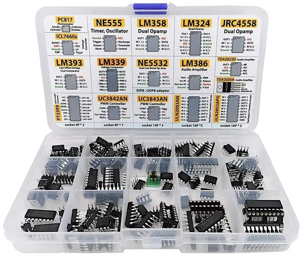 150pcs DIP Integrated Circuit Chip IC Boxed Chip Assortment Amplifier PC817 ICL7660 NE555 LM358 JRC4558 LM393 LM339 TDA2030A PT2