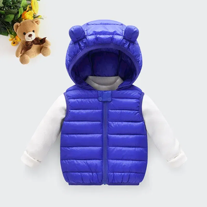 Color: SKY BLUE, Kid Size: 3T - Baby Boys Girl Warm Down Vest Toddler Cotton Waistcoat Children Autumn and Winter Clothes Kids Hooded Jackets 1-6 Years Old
