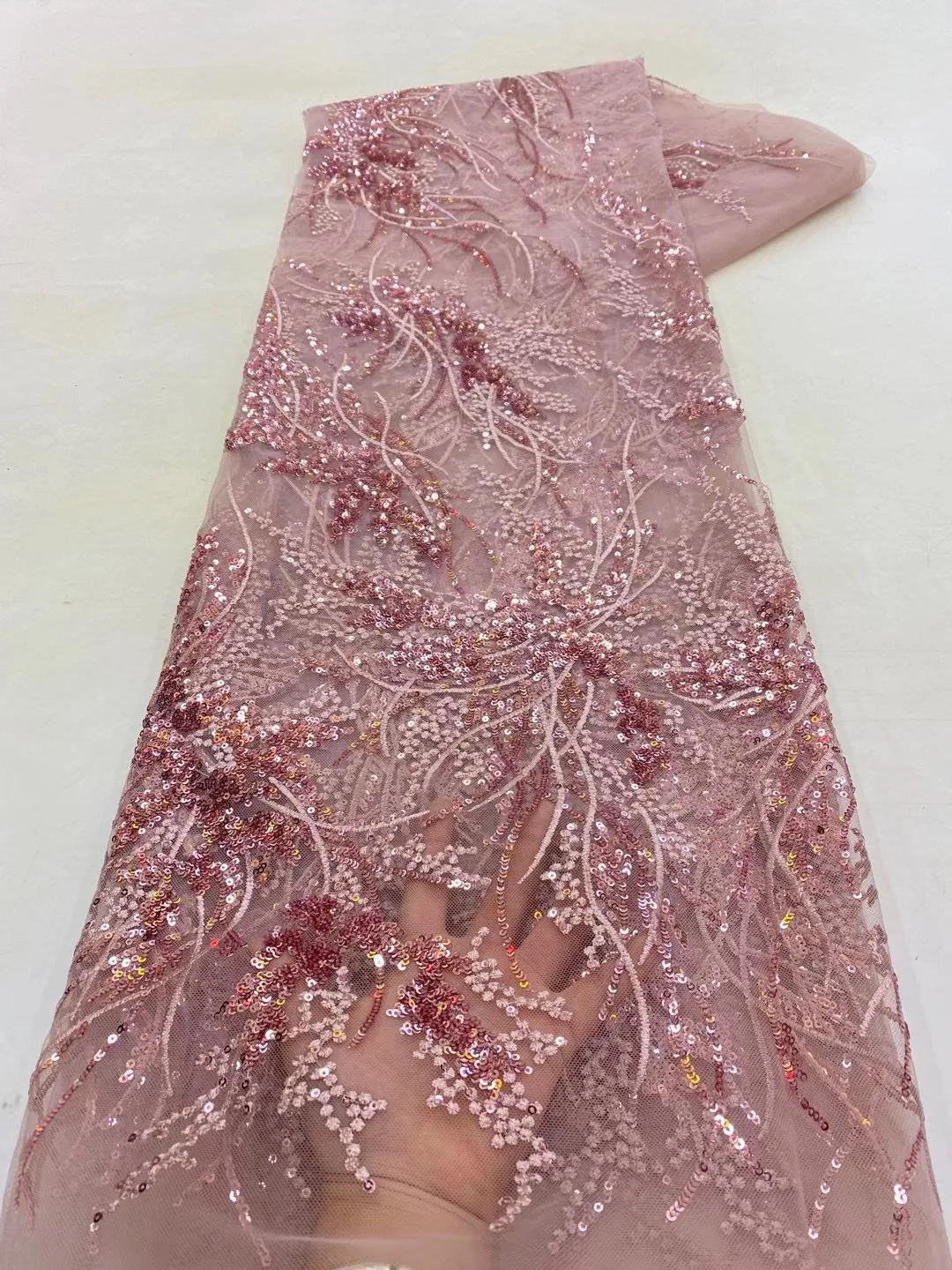 Color: BROWN, Length: 5 yards, Width: 120cm - African French Sequined Lace Fabrics 2023 High Quality Tulle Lace 5 Yards Nigerian Embroidered Dress Material For Party Wedding