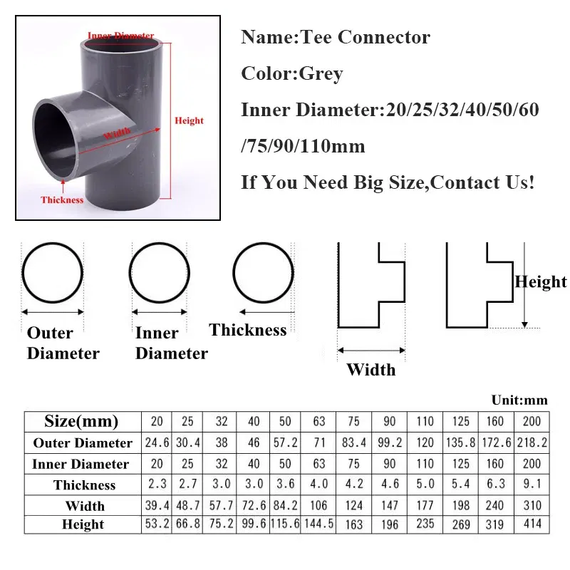 Color: grey, Diameter: 1/2'' - 2~20pcs Inner Dia 20~63mm PVC Pipe Tee Connector Home Garden Irrigation Aquarium Fish Tank Tube Watering Adapter Fittings Joint