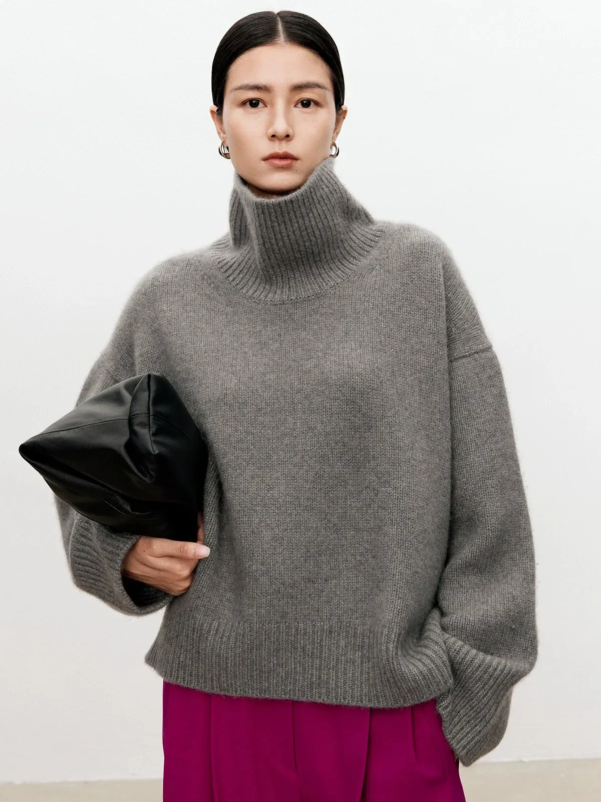 Color: black, Size: XL, Ships From: CHINA - Turtleneck pure cashmere sweater female loose and thick languid lazy wind pullover sweater knitting base WOOL sweater