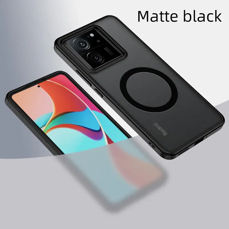 Color: Red, Material: ABS - Matte & Clear Magnetic Wireless Charging Armor Magsafe Case For Xiaomi 14 13T Mi 13T 14 Mi13T Pro Military Shockproof Back Cover