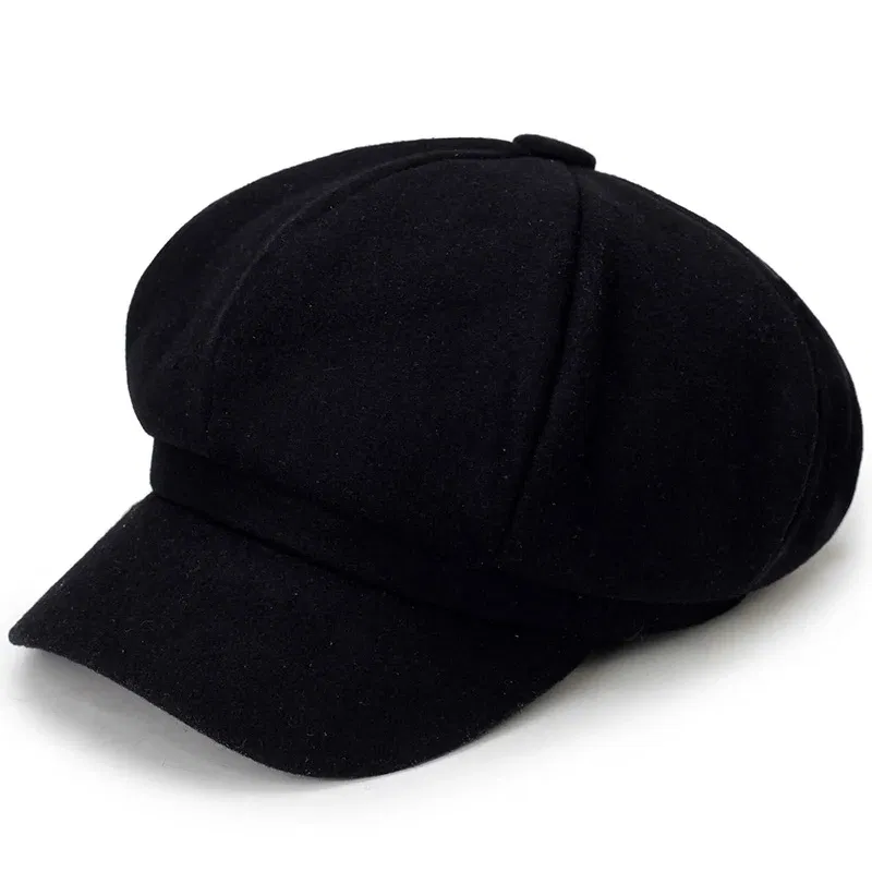 Color: black - Woolen solid color beret fashion outdoor cotton hat autumn and winter windproof hats men's and women's universal caps