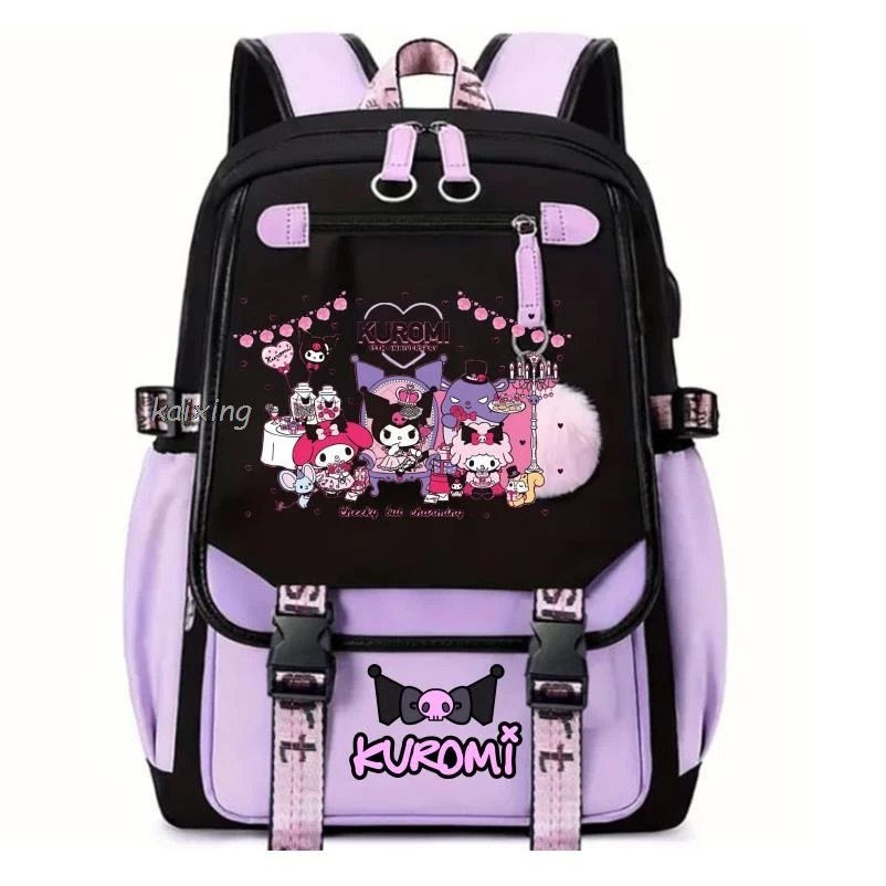 Color: Blue, Size: 17 Inches - Lovely Kuromi Melody Backpacks USB Cartoon Purple Printed Boy Girls School Bag Students Bookbag Teens Women Mochila Escolar Ni?±a