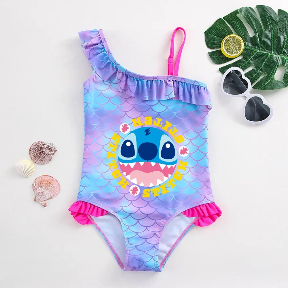 Color: APRICOT, Size: XS - Stitch Girls Swimsuit Fashion Mermaid Fish Scale One-Piece Bathing Suits Children's Dresses Summer Swimwear Beach Suit Kids Wear