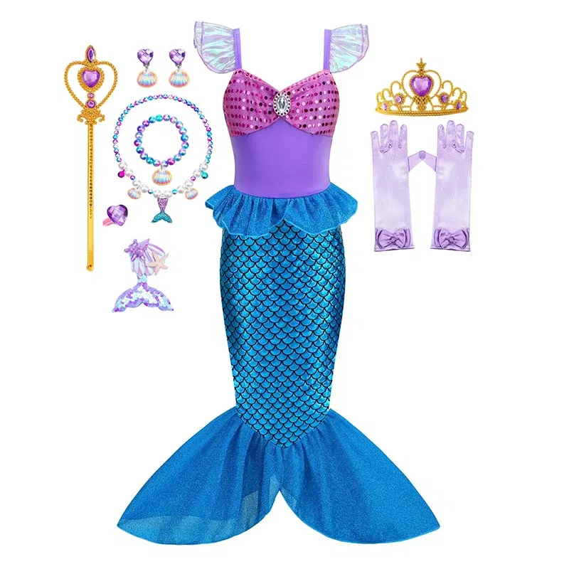 Color: Gold, Kid Size: 4T - Disney Little Mermaid Ariel Costumes for Girls Princess Dress Cosplay Halloween Carnival Kids Birthday Party Dress Up Clothing