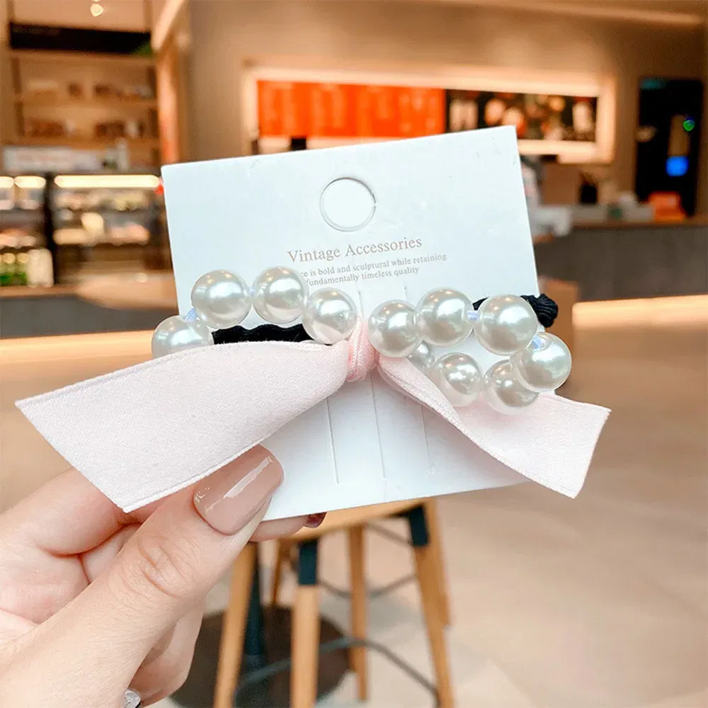 Color: Light Grey - 2022 Fashion Woman Big Pearl Hair Ties Korean Style Hairband Scrunchies Girls Ponytail Holders Rubber Band Hair Accessories