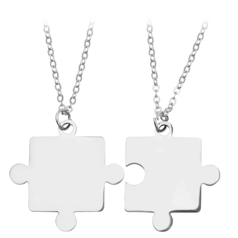Metal color: Antique Silver Plated - 1pair Stainless Steel Classic Puzzle Pendant Necklace Simple Exquisite Jewellery Gift For Friends