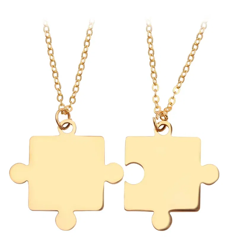 Metal color: Antique Silver Plated - 1pair Stainless Steel Classic Puzzle Pendant Necklace Simple Exquisite Jewellery Gift For Friends