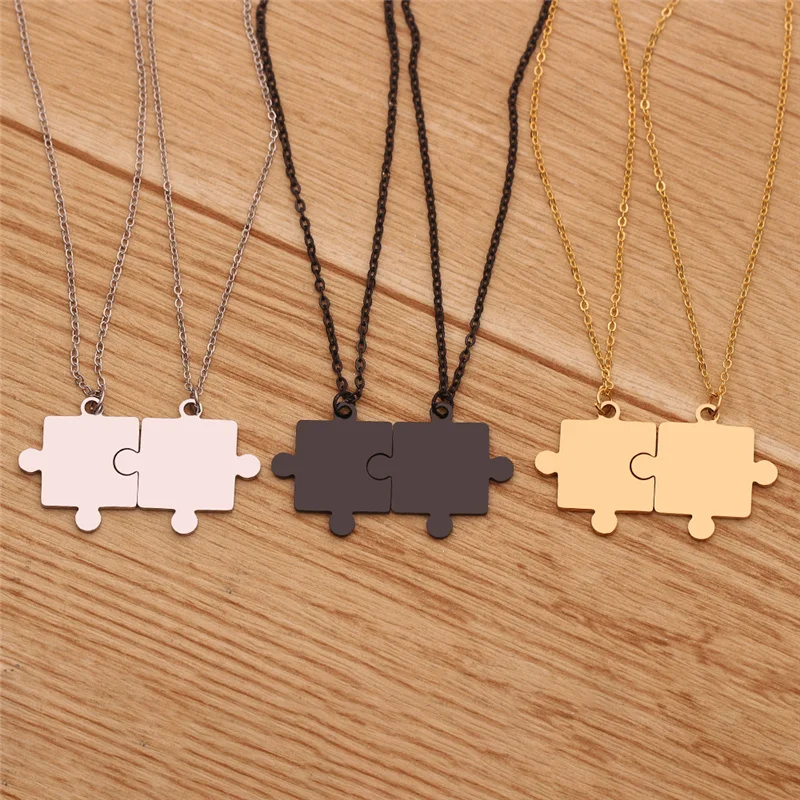Metal color: Antique Silver Plated - 1pair Stainless Steel Classic Puzzle Pendant Necklace Simple Exquisite Jewellery Gift For Friends
