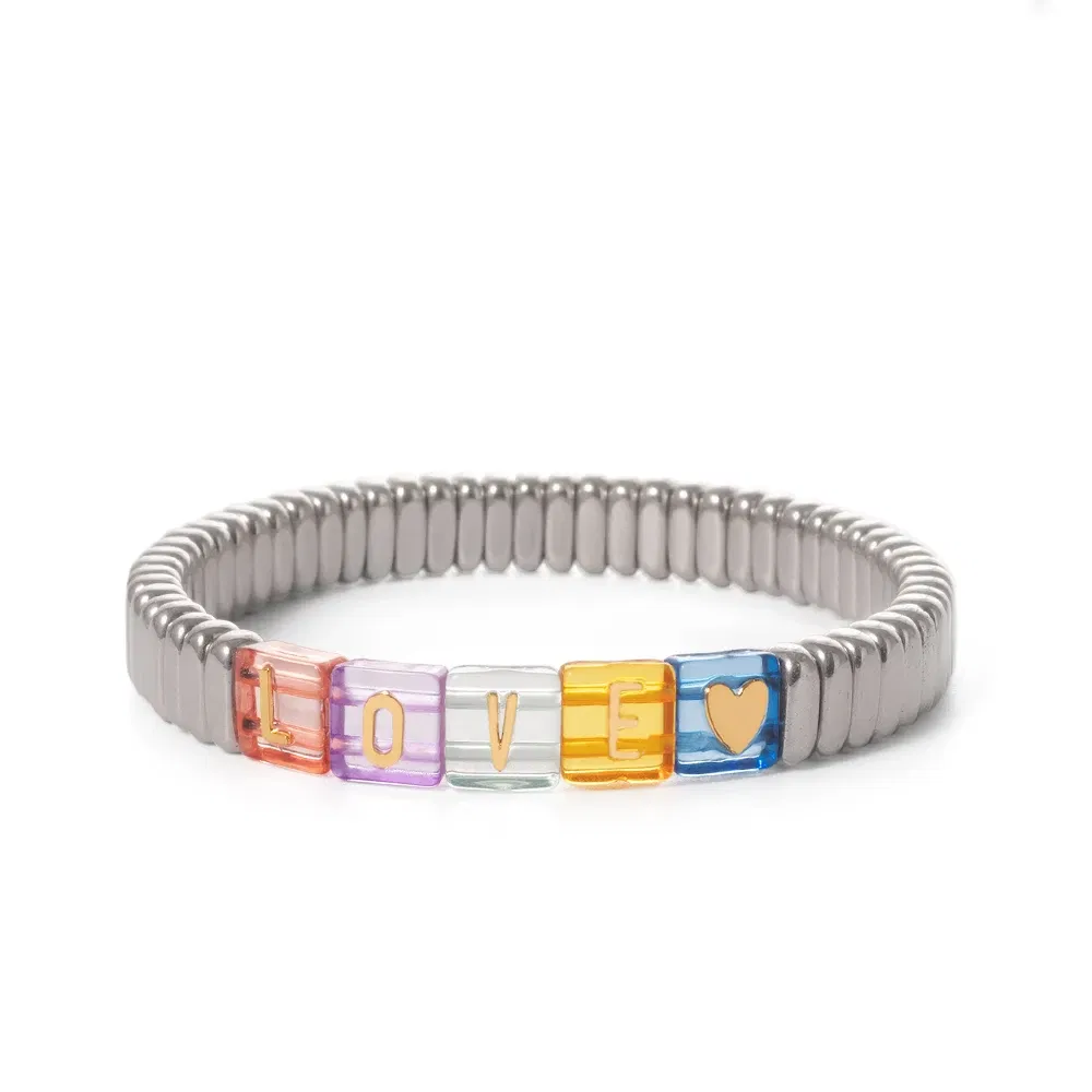 Metal Color: Imitation Rhodium Plated, Ships From: CHINA - Wholesale Gold Silver Color Elastic Bracelets Handmade Letter Charms Bracelets For Women 2X8MM Beads Bracelets Bohemain Jewelry