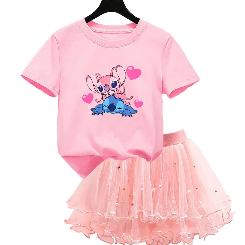Color: WHITE, Kid Size: 3T - 2pcs Lilo Stitch Summer Girls Outfits Cartoon T-shirt and Tutu Skirt Princess Clothes Suit Children Birthday Clothing Sets