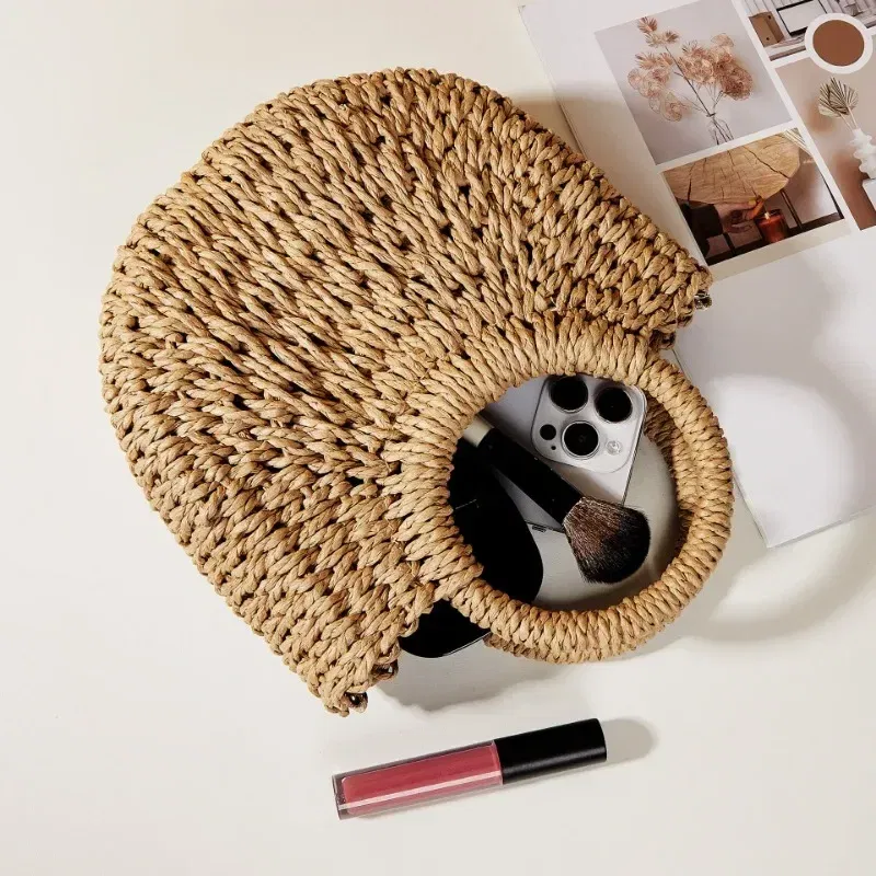 1pcs Handwoven Shoulder Bag Women Summer Beach Tote Fashion Designer Braided Crossbody Bags Ladies Half-Moon Straw Woven Handbag