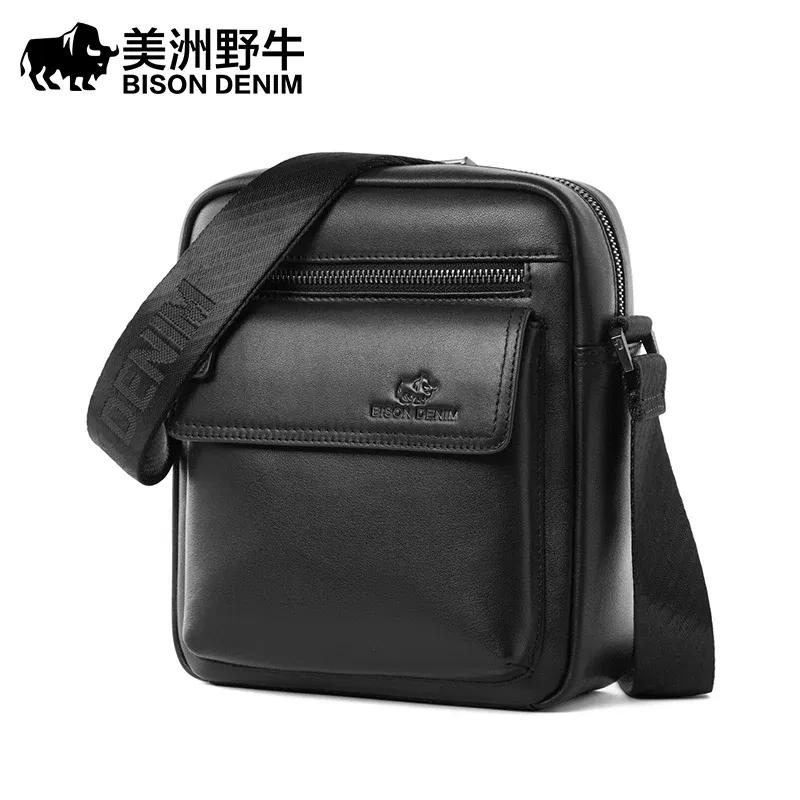 Color: Blue - BISON DENIM Classic Black Male Bag Genuine Leather Business Crossbody Bag iPad Mens Messenger Bag Casual Bolsas Male N2845 2023