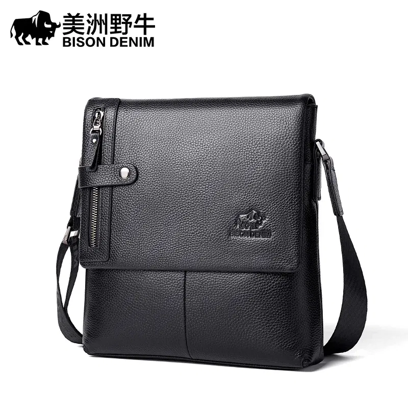 Color: Blue - BISON DENIM Classic Black Male Bag Genuine Leather Business Crossbody Bag iPad Mens Messenger Bag Casual Bolsas Male N2845 2023