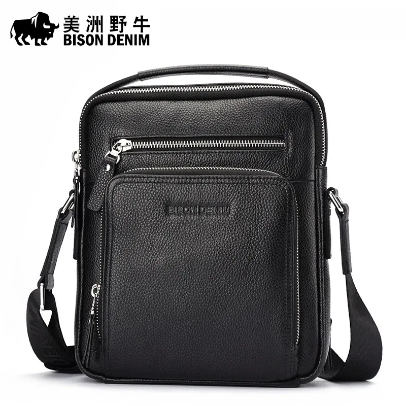 Color: Blue - BISON DENIM Classic Black Male Bag Genuine Leather Business Crossbody Bag iPad Mens Messenger Bag Casual Bolsas Male N2845 2023