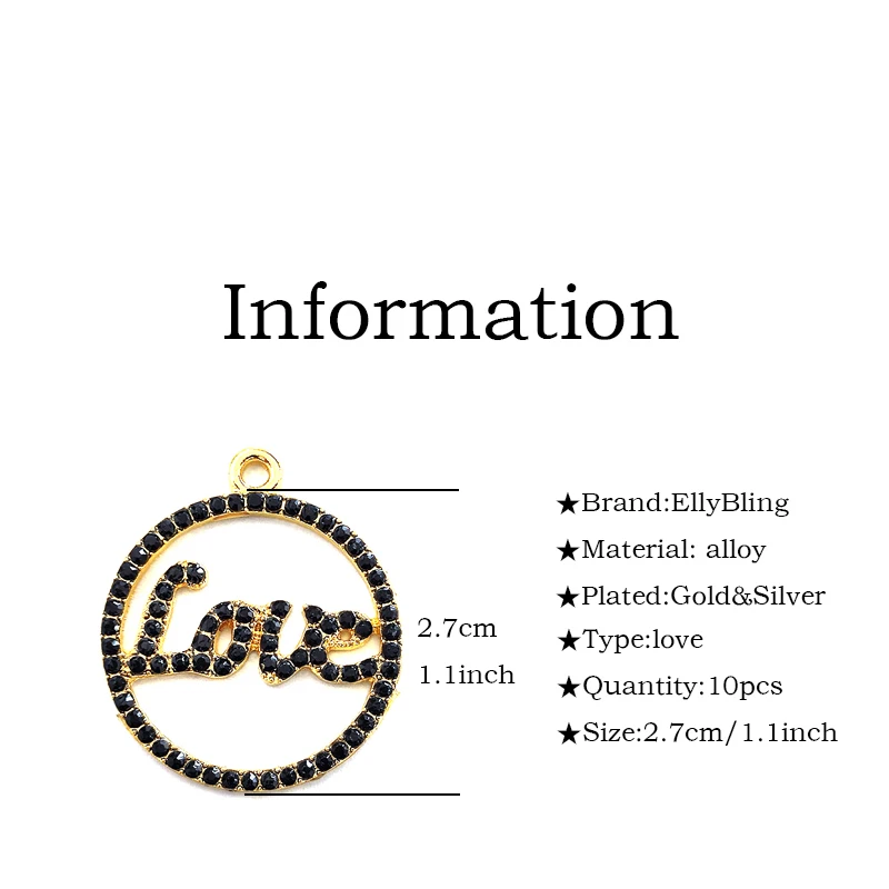 Metal color: Gold-color, Ships From: CHINA - 10pcs Love Circular Letter Charms with Rhinestones for Bracelet Bangle Jewelry Making DIY Accessories Wholesale LER029- LER030