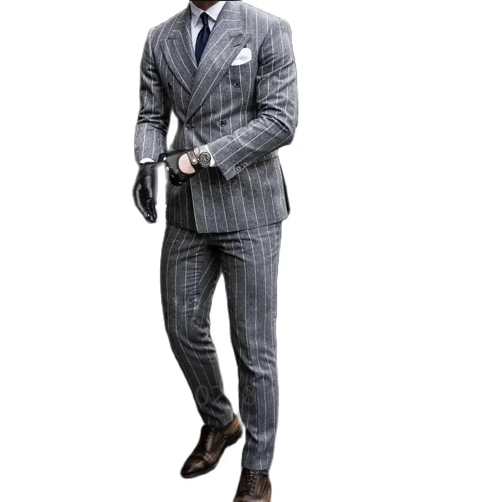 Color: GRAY, Size: XXL - 2 Pieces Classic Men's Suit Formal Striped Wedding Suit Business Groom Prom Fashion Double Breasted Casual Slim Fit Blazer Pants