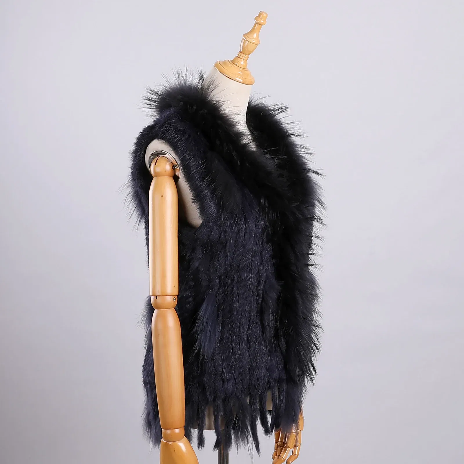 Color: Navy Blue, Size: M - Luxury Women's Genuine Premium Long Hair Rabbit Fur Knit Vest Raccoon Fur Trim Gilet Lady Sleeveless Waistcoat Real Fur Jacket