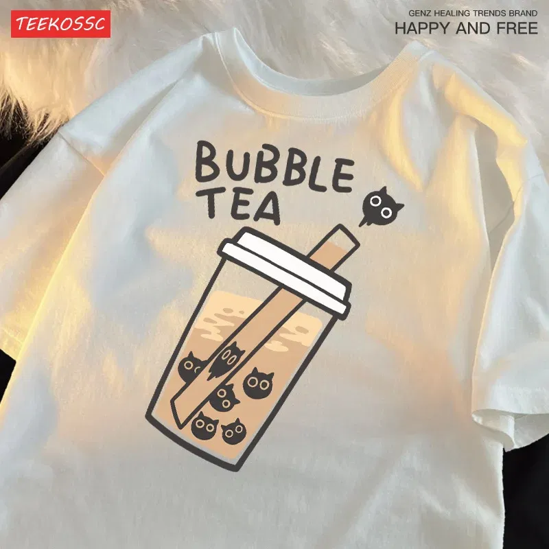 Color: Blue, Size: L - Cat Pearl Milk Tea Cartoonmans T Shirt Fitting Loose Tee Clothing Leisure Shoulder Drop T-Shirts Pleasure Cool Short Sleeved