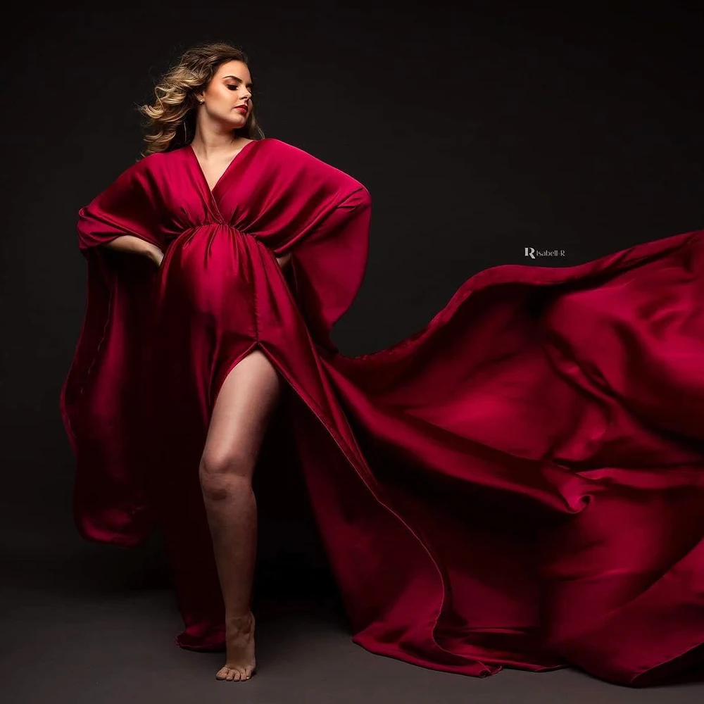 Color: Red - Boho Maternity Photography Props V Neck Dresses Free Size Adjustable Soft Pregnancy Photo Shoot Sides Slit For Baby Shower