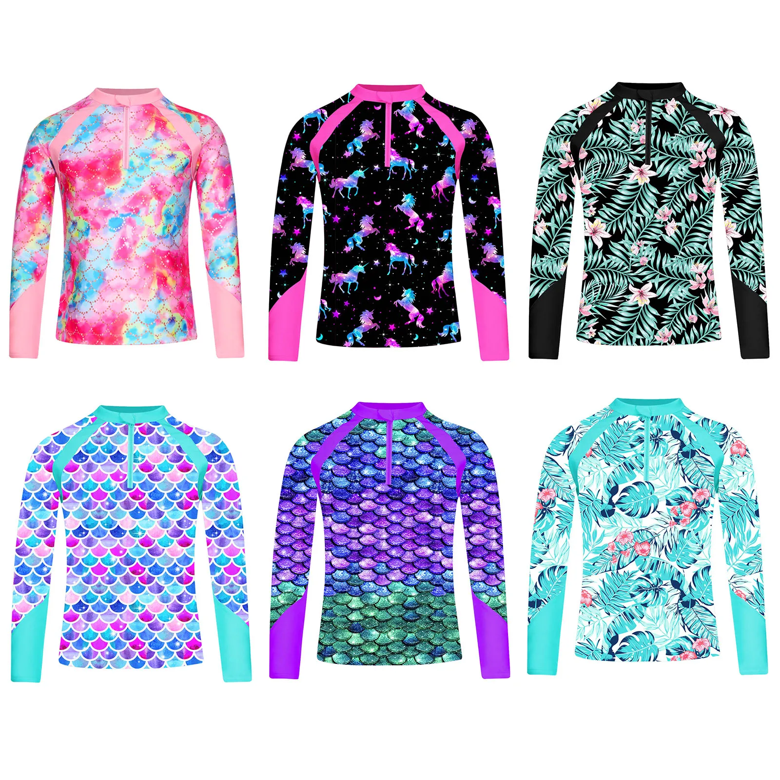 Color: Gold, Kid Size: 9M - Girls Swim Top Floral Printed Rash Guard T Shirt Long Sleeve Mermaid Costume Swimwear Beachwear UPF 50+ Surfing Bathing Tops