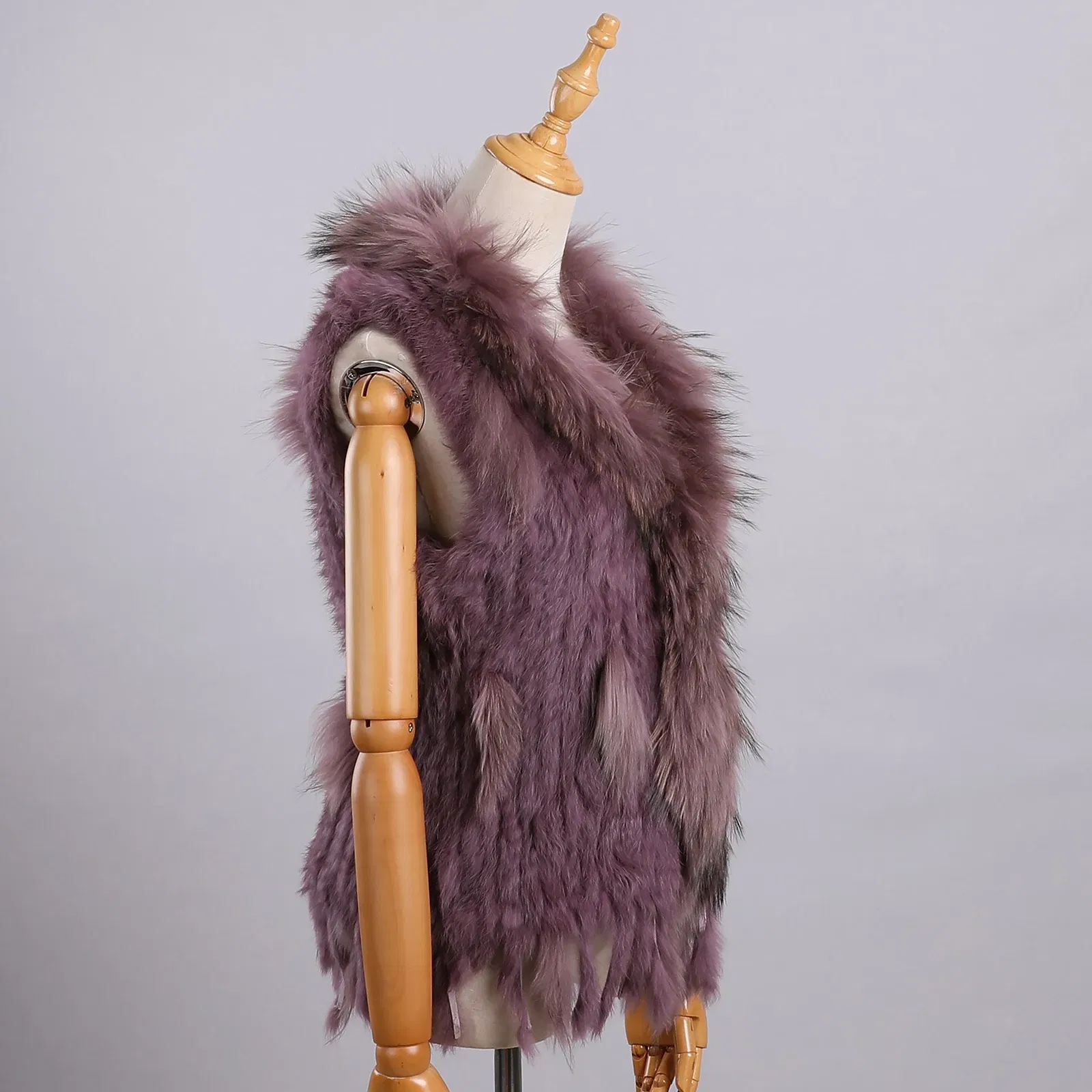 Color: Lavender, Size: S - Luxury Women's Genuine Premium Long Hair Rabbit Fur Knit Vest Raccoon Fur Trim Gilet Lady Sleeveless Waistcoat Real Fur Jacket