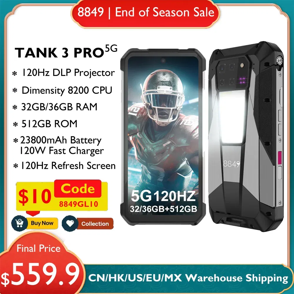 Color: GRAY, Ships From: CHINA, RAM: 16GB, Bundle: Bundle 1, ROM: 512G - 8849 Tank 3 Pro by Unihertz Rugged Projector Smartphone Android 23800mAh 32/36GB RAM 512GB ROM 5G 120W Charger OTG Phone