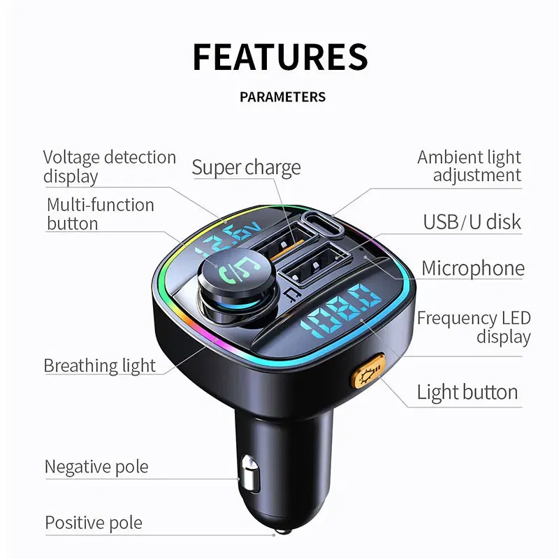 Car Radio Modulator MP3 Player Bluetooth 5.0 FM Transmitter Hands-Free,USB Super Fast Charging Cigarette Lighter