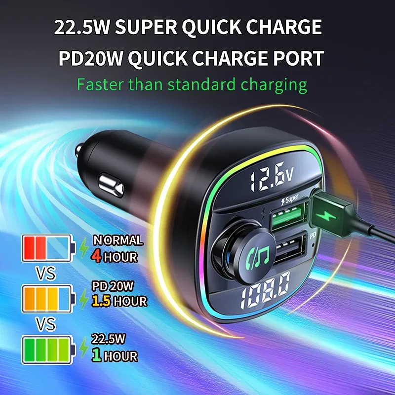 Car Radio Modulator MP3 Player Bluetooth 5.0 FM Transmitter Hands-Free,USB Super Fast Charging Cigarette Lighter