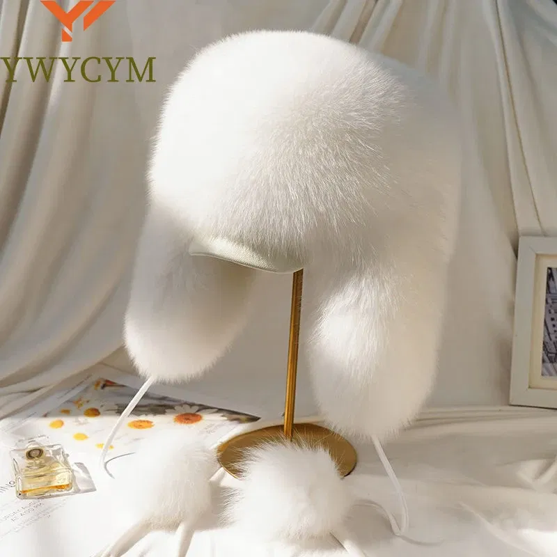 Color: GRAY, Hat Size: One Size - Real Fur 100% Fox Skin Russian Businessmen Pilot Bombers Full Mao Men's hat Ushanka Winter Ear Guard Hat Raccoon Fur Beanie hat
