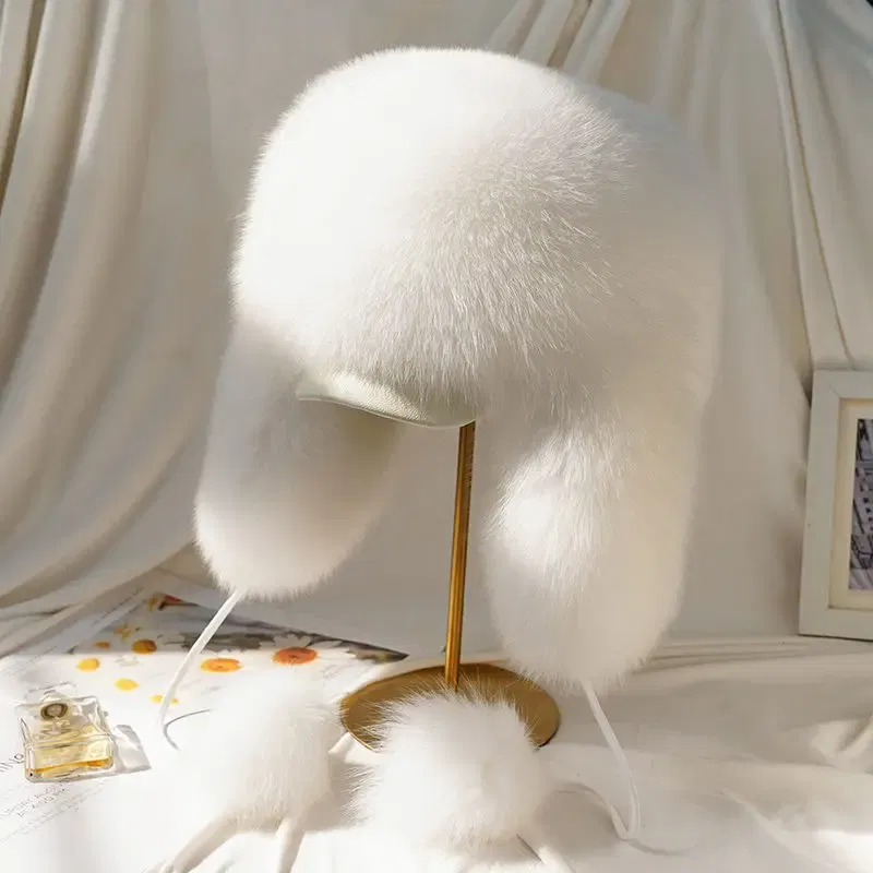 Color: GRAY, Hat Size: One Size - Real Fur 100% Fox Skin Russian Businessmen Pilot Bombers Full Mao Men's hat Ushanka Winter Ear Guard Hat Raccoon Fur Beanie hat
