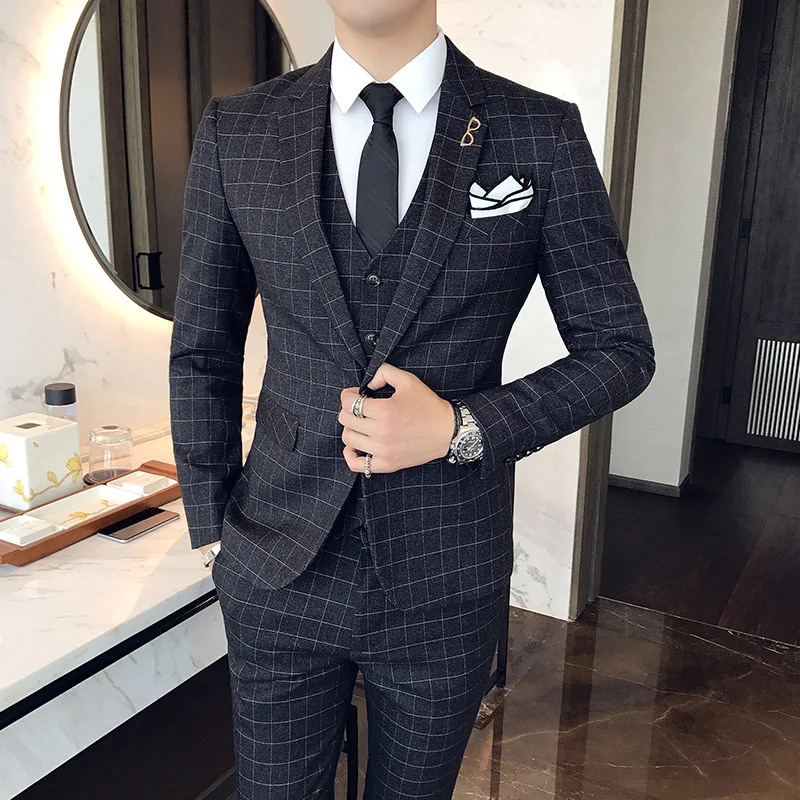 Color: Silver, Size: M - Gray Men Classic Striped/Checked Suits, Business Office 3 Piece, Asian Size Slim Fit Men Dress Jacket & Pants with Vest, S-4XL
