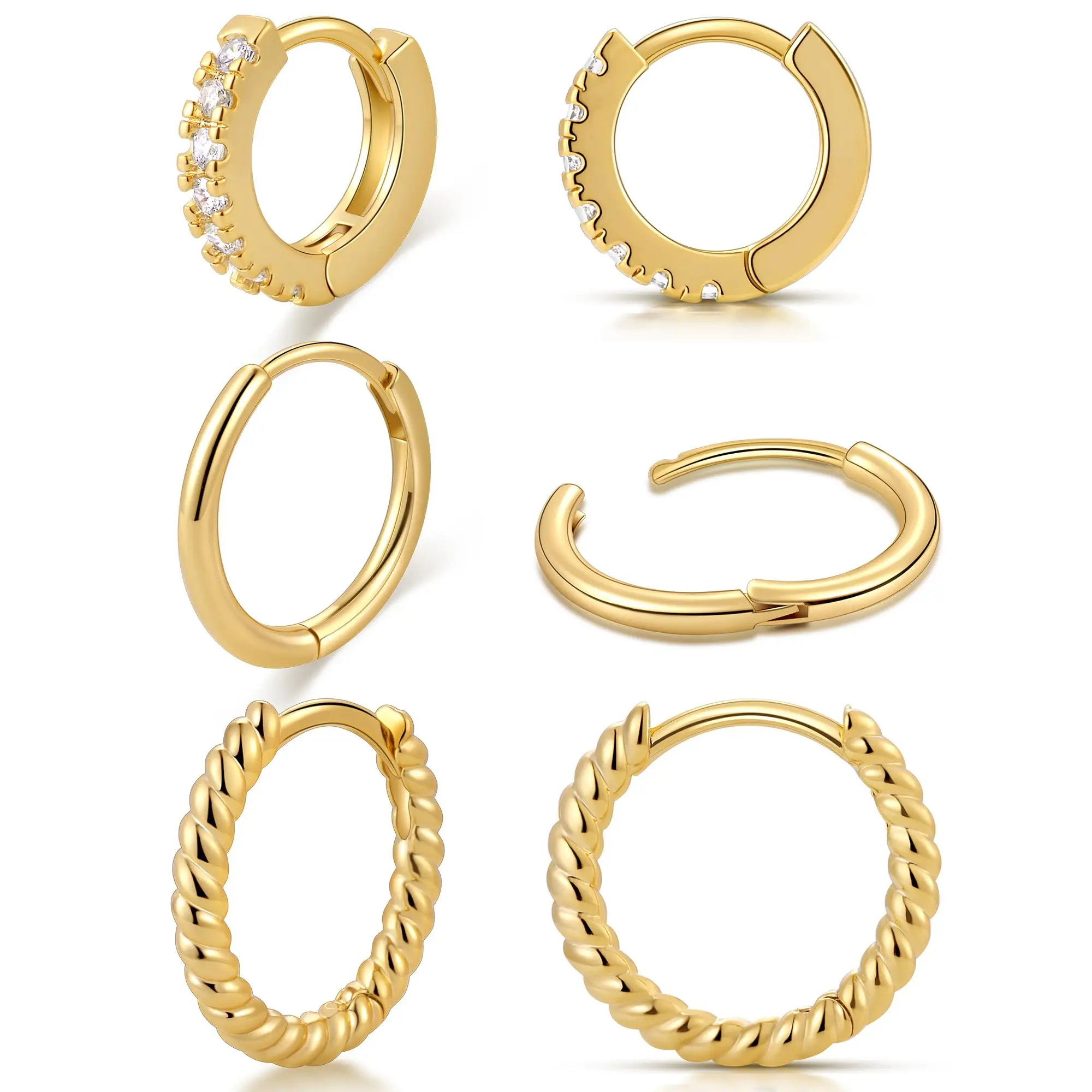 Metal Color: Pure Gold Color - Vonmoos New Women 3 Pairs Small Earrings Lady Classic 14K Gold Hoop Fashion Tiny Huggie Hoop Earrings Set Hypoallergenic Earring