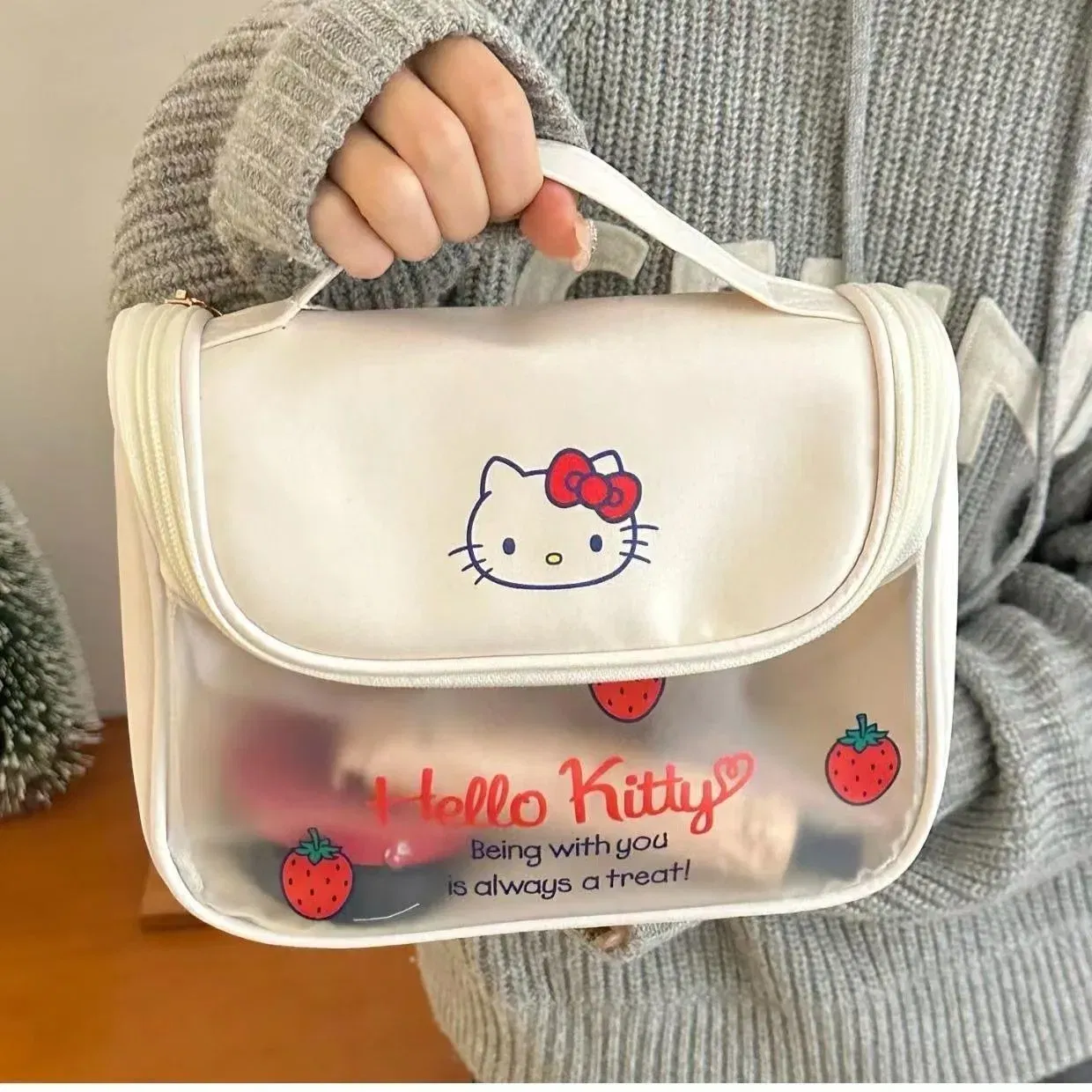 Color: WHITE - Sanrio Kawaii Hello Kitty Zipper Makeup Bag Black Beauty Cinnamon Roll Large Capacity Waterproof portable Millennium Girls Wash