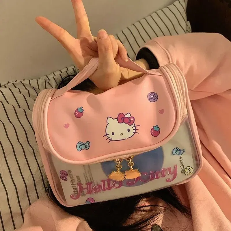 Color: WHITE - Sanrio Kawaii Hello Kitty Zipper Makeup Bag Black Beauty Cinnamon Roll Large Capacity Waterproof portable Millennium Girls Wash