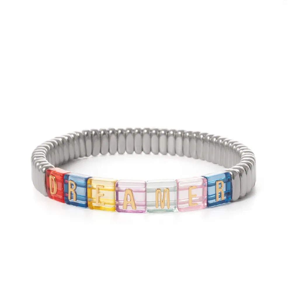 Metal Color: ROSE GOLD COLOR, Ships From: CHINA - Wholesale Gold Silver Color Elastic Bracelets Handmade Letter Charms Bracelets For Women 2X8MM Beads Bracelets Bohemain Jewelry