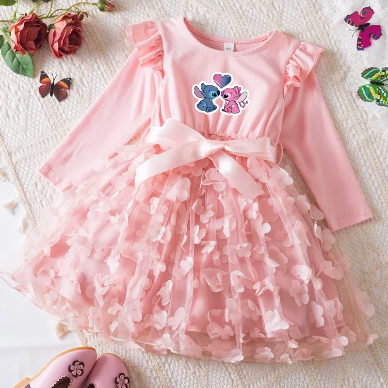 Color: WHITE, Size: One Size, Height: 164 - Lilo Stitch Girl Baby Dresses Spring Autumn Child Long Sleeve Sweet Princess Dress Mesh Newborn Casual Dress Birthday Party 2-6Y