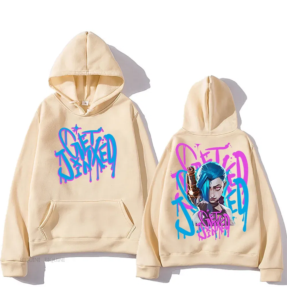 Color: Blue, Size: XXL - Arcane Jinx Cute Hooded Anime Print Harajuku Kawaii Sweatshirt Long-sleeved Cartoon Fleece Clothes Moletom Fashion Pullovers