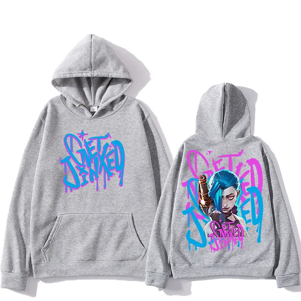 Color: Blue, Size: XXL - Arcane Jinx Cute Hooded Anime Print Harajuku Kawaii Sweatshirt Long-sleeved Cartoon Fleece Clothes Moletom Fashion Pullovers