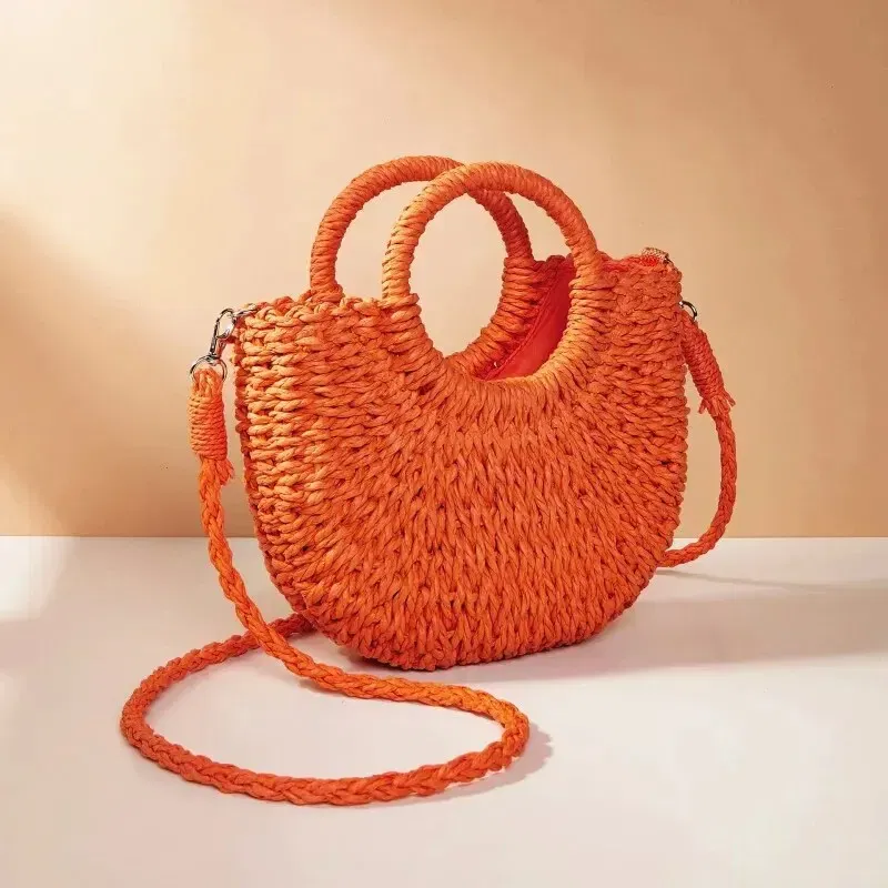 Color: Blue - Handwoven Straw Rattan Half-Moon Beach Handbag Large Capacity Women Summer Hollow Out Crossbody Shoulder Bag