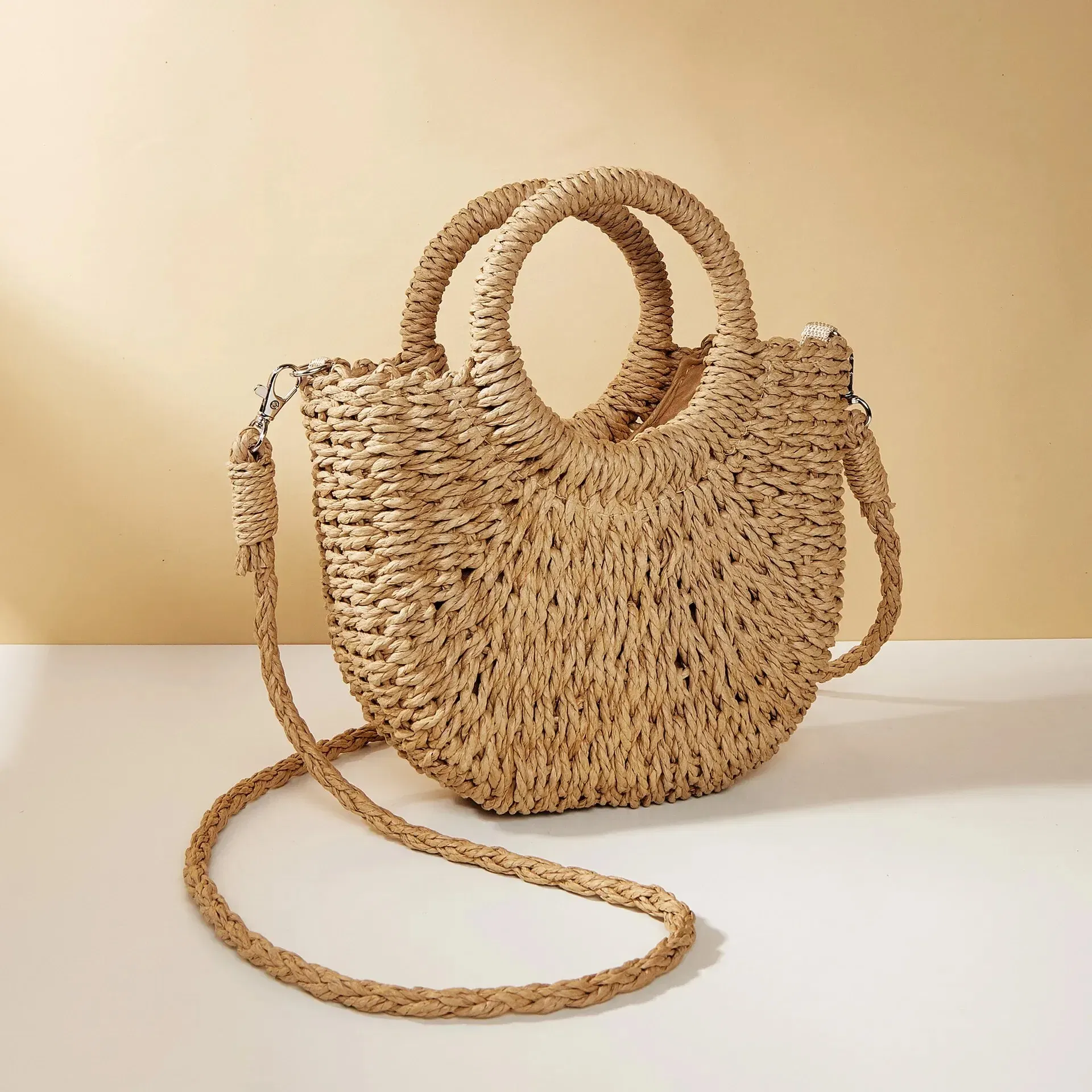 Color: Blue - Handwoven Straw Rattan Half-Moon Beach Handbag Large Capacity Women Summer Hollow Out Crossbody Shoulder Bag