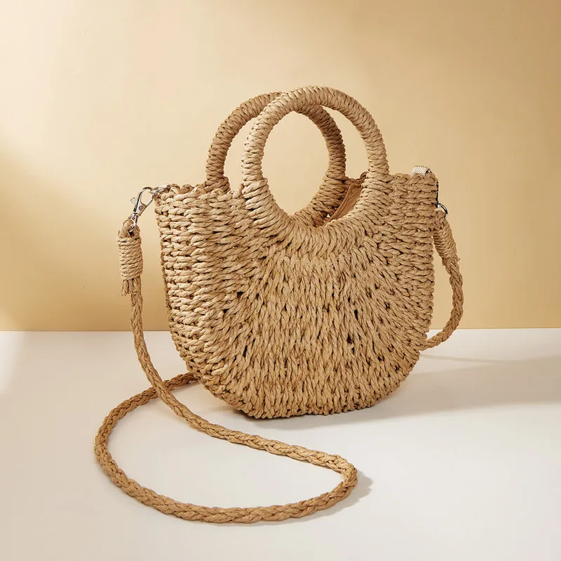 Color: Blue - Handwoven Straw Rattan Half-Moon Beach Handbag Large Capacity Women Summer Hollow Out Crossbody Shoulder Bag