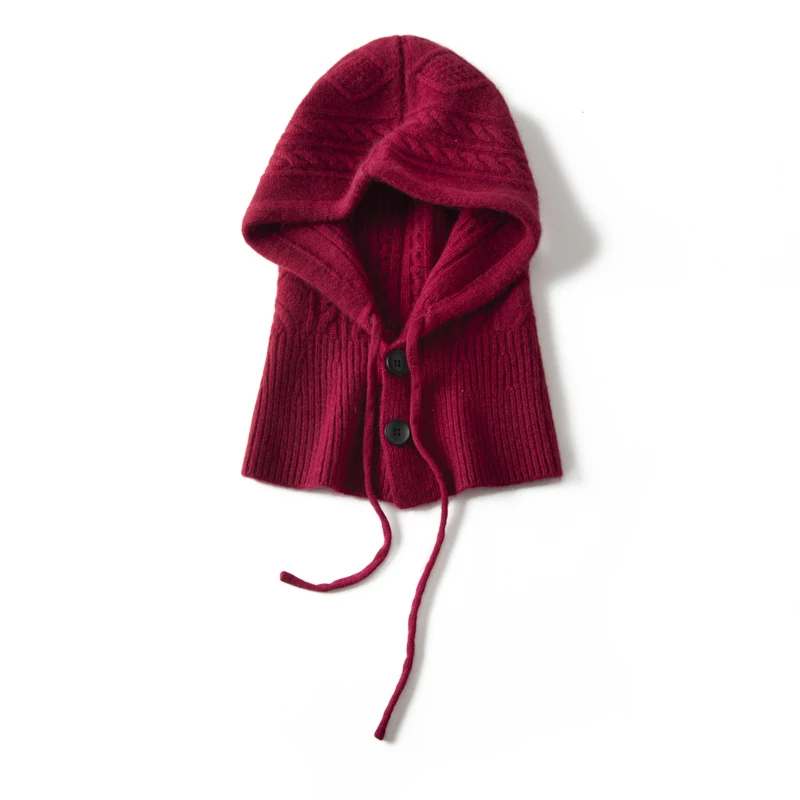 Color: Burgundy, Size: One Size - 100%Quality Cashmere Balaclava Cap Women Warm Ring Scarf Beanie Hat Adjustable Elastic Windproof Hooded Neck Collar Knitted Hat