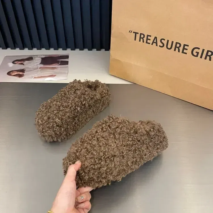 Color: Blue, Shoe Size: 37 - Thick Heel Luxury Lambwool Mules Winter Shoes Woman Flip Flops Flat Cover Toe Slides Ins Warm Curly Lamb Fur Slippers Women