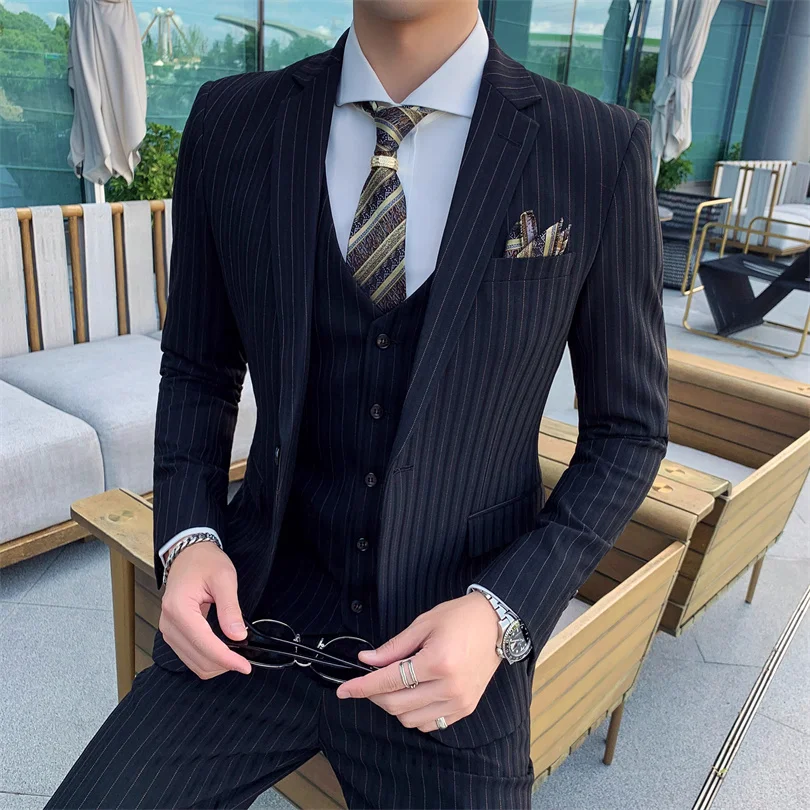 Color: black, Size: S - Gray Men Classic Striped/Checked Suits, Business Office 3 Piece, Asian Size Slim Fit Men Dress Jacket & Pants with Vest, S-4XL