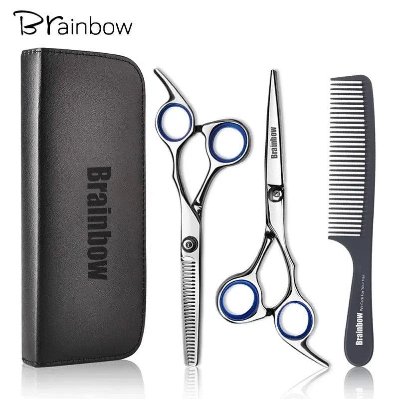 Color: black - Brainbow 6 inch Cutting Thinning Styling Tool Hair Scissors Stainless Steel Salon Hairdressing Shears Regular Flat Teeth Blades