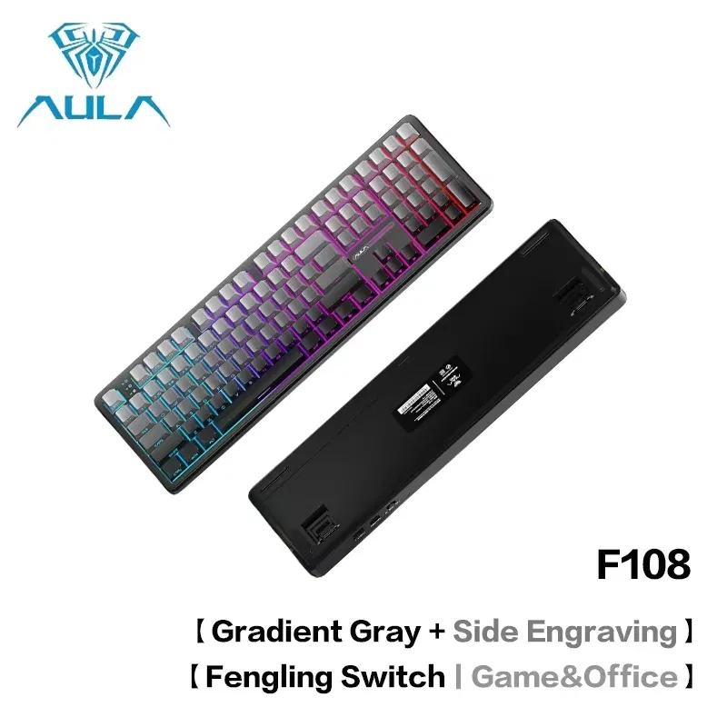 Color: Gold - AULA F108 Pro Mechanical Keyboard Three-mode Bluetooth /2.4G/ Wired Customized Full-key Hot-swapable Gasket Structure RGB Light